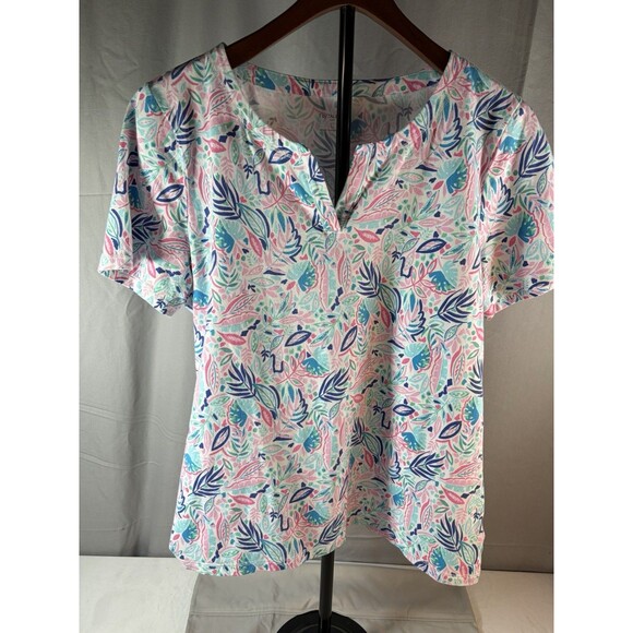 Talbots Tops - T by Talbots Pastel Short Sleeve Split Neck Tee Blue/Pink Women’s Large
